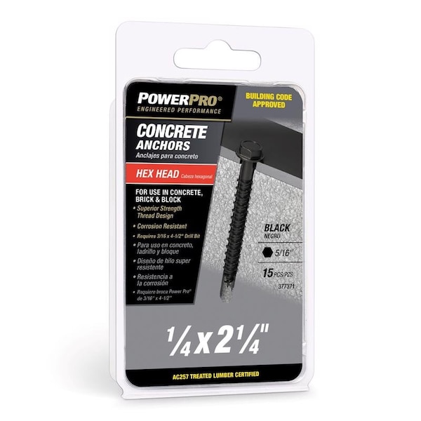 Concrete Screw Anchor, 2-1/4 in L, Carbon Steel Black Epoxy Coated, 15 PK